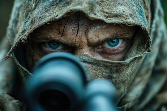 Sniper aiming with rifle wearing hood and mask