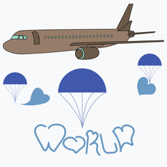 Peace Plane releases parachutes with heart-shaped clouds and the word peace