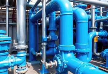 Industrial water pipes, bright blue, curved pipes, valves, industrial equipment
