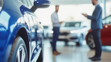 Fototapeta premium Trade-in vehicle experience scene. Featuring a dealer helping a customer navigate options