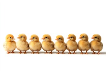 Fototapeta premium Eight baby chickens standing in line on white background