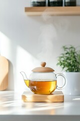 Fototapeta premium Herbal tea brewing in a minimalist kitchen, showcasing tranquility and simplicity in everyday moments.