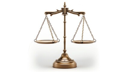 Antique gold-toned justice scales, perfectly balanced, isolated on white background.