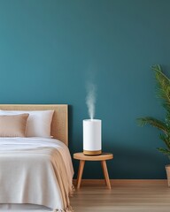 Serene bedroom featuring a softly glowing air purifier for a calming and fresh atmosphere.