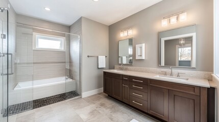 Bathroom with a floating vanity and heated flooring, 2025