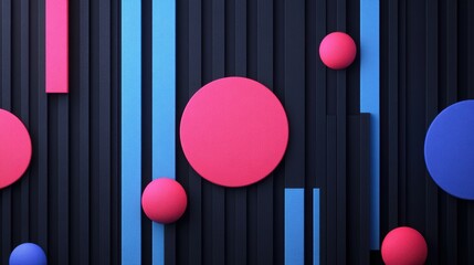 Abstract art, vibrant pink and blue circles adorn a stark black wall, creating modern visual masterpiece