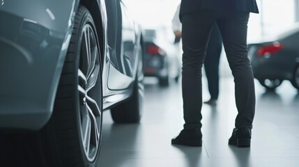 Fototapeta premium Trade-in vehicle selection process. Featuring a dealer guiding a customer through upgrade options