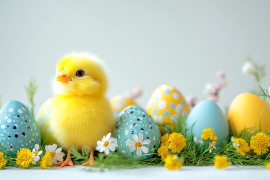 Cute yellow chick posing with colorful easter eggs and spring flowers
