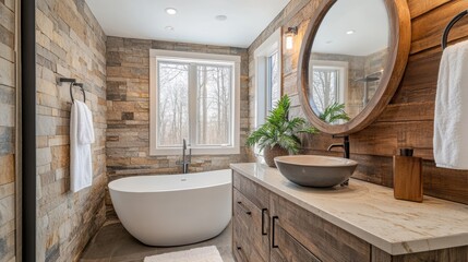 Bathroom with natural stone finishes and a wall-mounted smart mirror, 2025