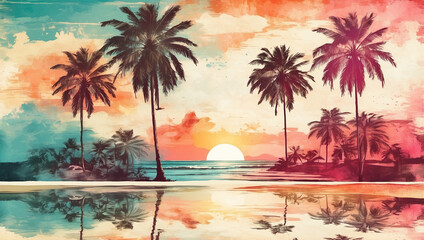 Tropical Summer Collage: A Generative AI Artwork of Palm Trees and Sunshine
