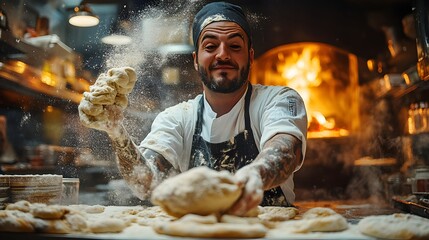 A skilled baker passionately kneads dough, flour dusting the air in a vibrant bakery setting. Passionate Baker Crafting Artisan Bread