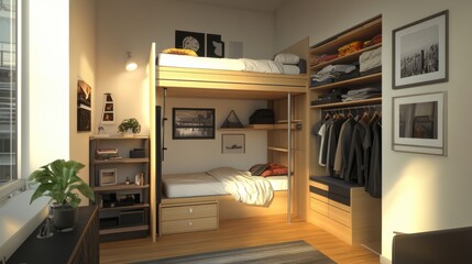 Bedroom featuring a loft bed and a space-saving wardrobe, 2025