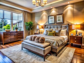 Cozy furniture and modern design elements shine in this high-depth-of-field bedroom photo.