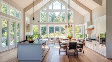 Bright minimalist kitchen with simple lines, high ceilings, and functional design