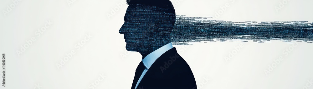 Poster futuristic businessman, binary code projected on face in technological portrait man