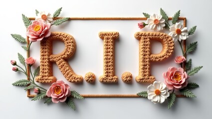 R.I.P 3D Crochet Style with Golden Border - Elegant Condolence Template on Isolated White