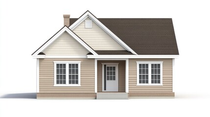 Beige house with brown roof, white windows and door.