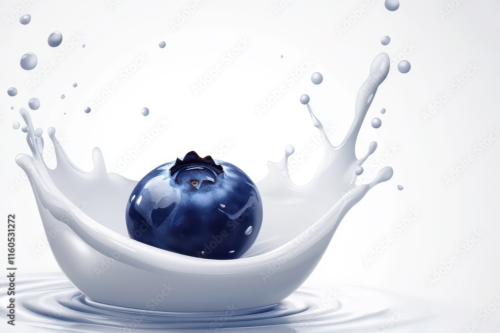 Poster a blueberry splashes into a bowl of milk, creating a dynamic and visually appealing scene.