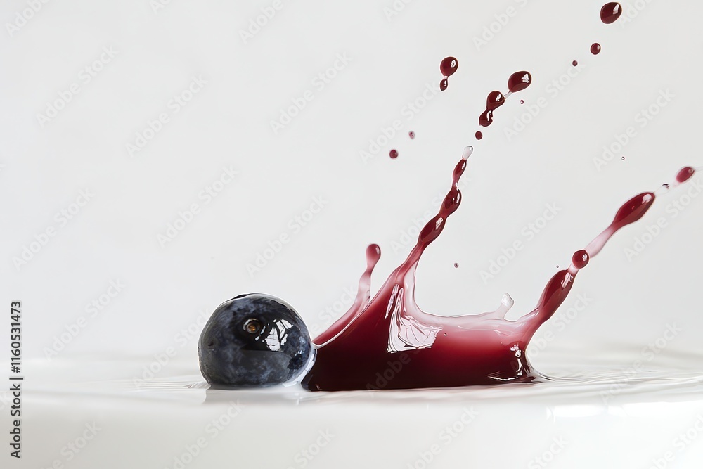 Poster a blueberry splashes into a pool of chocolate, creating dynamic droplets against a light background.