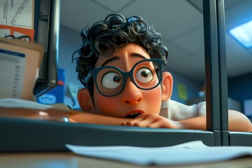 Curious cartoon man peeking over cubicle wall.