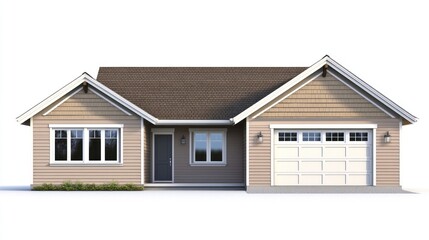 Ranch-style house, beige siding, white trim, two-car garage.