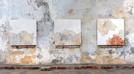 Naklejka premium Serene minimalist art, three white paintings on a gallery wall for modern decor three