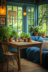 Obraz premium Photographie intérieure d’un petit studio étudiant style bohème chic avec décorations murales en macramé, lit confortable, petite table en bois avec chaises dépareillées, et plantes d’intérieur