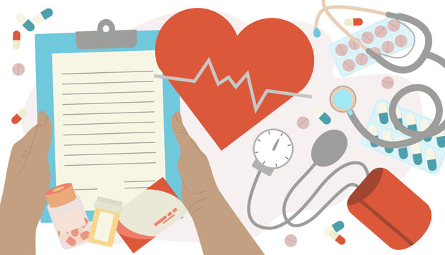 Healthcare. Medical equipment to use at home. Medicines to treat diseases. Cardiology. Vector illustration.