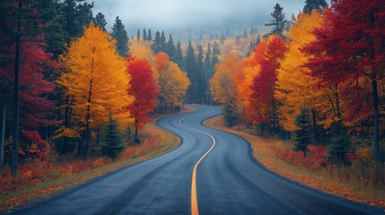 Naklejka premium Serene Winding Road Surrounded by Vibrant Autumn Trees in Golden, Red, and Orange Hues, Perfect for Nature Campaigns and Seasonal Themes