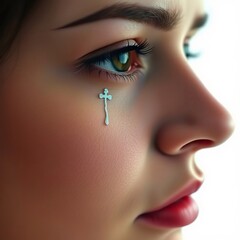 Fototapeta premium Close-up of a young woman's face, a small cross delicately placed near her eye. A poignant and artistic image.