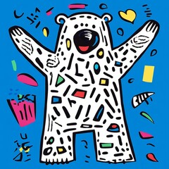 A simple character illustration polar bear full body, blue background,