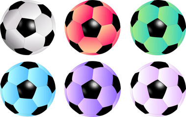 Six football soccer balls set with white orange gree sky blue purple and light pink