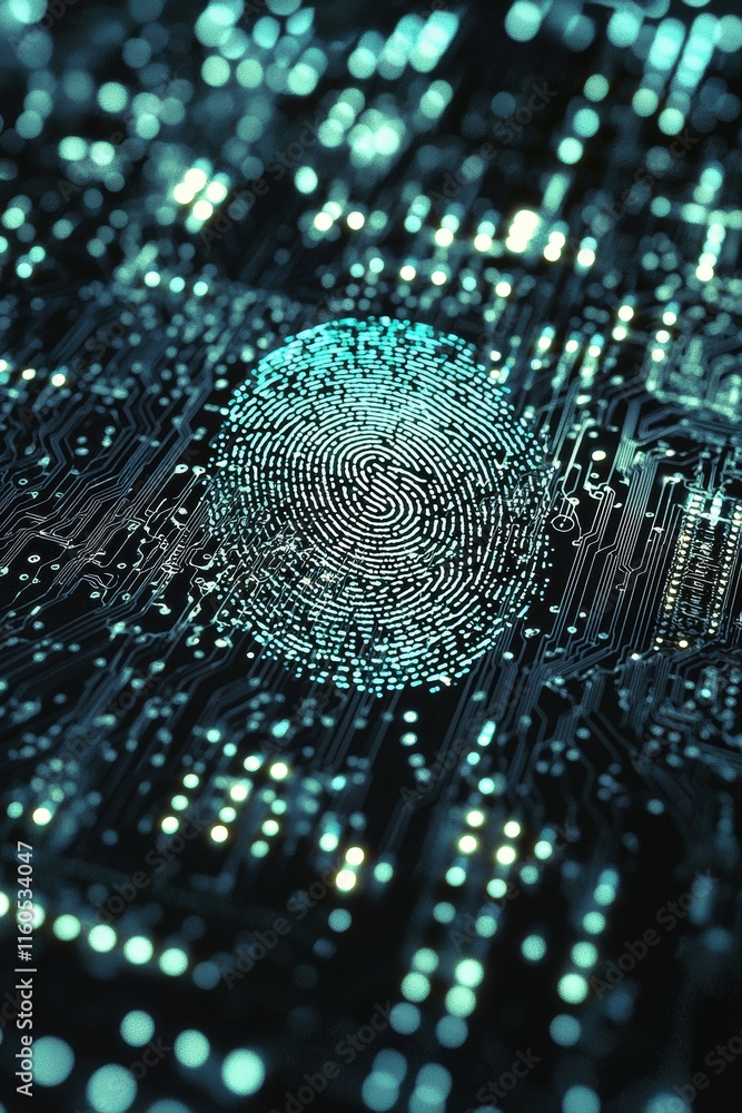 Poster digital fingerprint overlaying a complex circuit board pattern in neon blue hues.