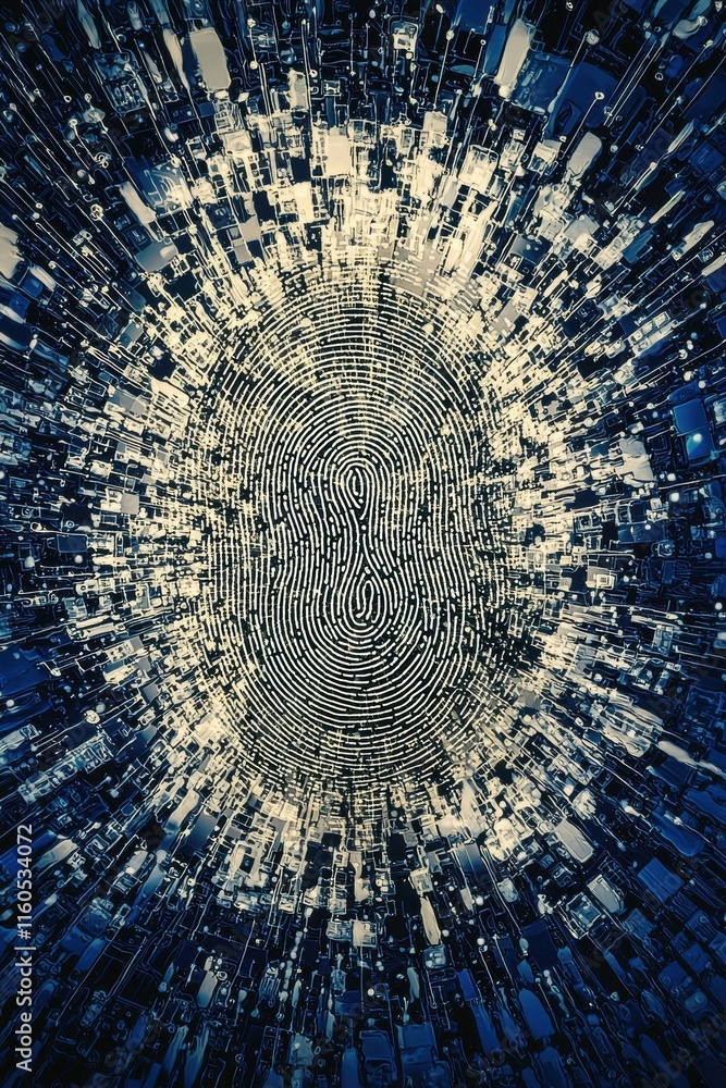 Poster an abstract representation of a fingerprint made of digital technology elements.