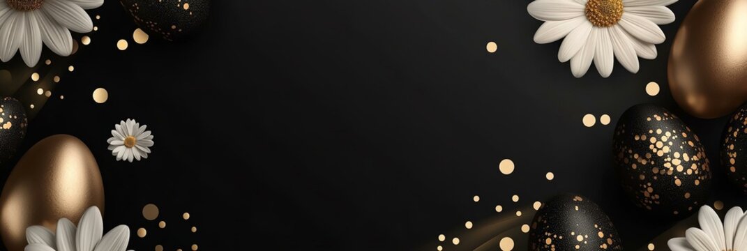 Elegant luxury black and gold happy easter celebration banner with daisy flowers and eggs vector illustration