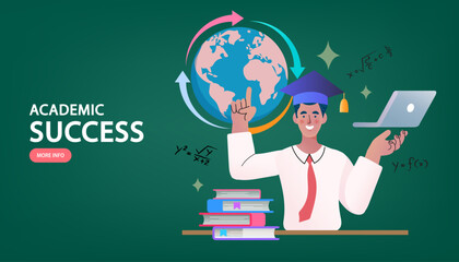 Young student using a laptop, surrounded by books and a globe, against a green chalkboard background, emphasizing education and digital learning.
