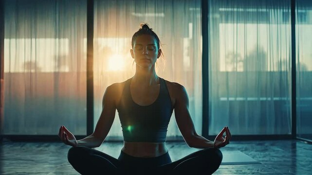 Meditation and Serenity: A Woman Practicing Mindfulness in a Beautiful Indoor Setting During Sunset