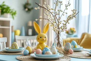 Beautiful served round table with decorations in dining room. Little yellow bunny willow branches decorated with colorful Easter eggs.