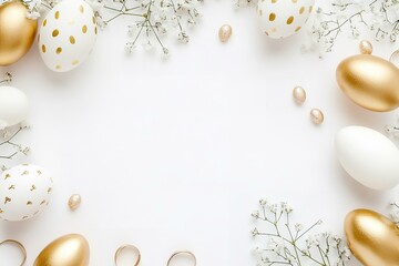 Happy Easter! Stylish stationery background with chocolate eggs. gold and white eggs and accessories on white background. Table decorating for holiday. Feminine flat lay.