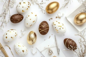 Happy Easter! Stylish stationery background with chocolate eggs. gold and white eggs and accessories on white background. Table decorating for holiday. Feminine flat lay.