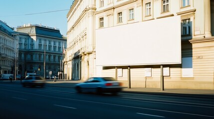 Obraz premium a white billboard mockup on a wall in city, Cars Driving by