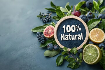 Creative natural composition featuring leaves, fruits, and berries encircling a 100 percent natural label