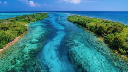Obraz premium Luxurious yacht cruising along serene blue waters near lush tropical coastline