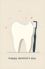 Postcard. On a light background there is a tooth and a toothbrush and the inscription Happy Dentist Day