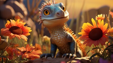 Fototapeta premium Cute cartoon lizard among flowers.