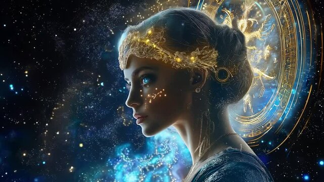 Virgo has a symbol of the Virgin Maiden, The constellation of Virgo zodiac sign, Virgo zodiac sign astrological background. The Virgo horoscope sign	
