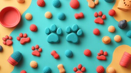 A colorful arrangement of pet-themed toys and accessories on a vibrant background.