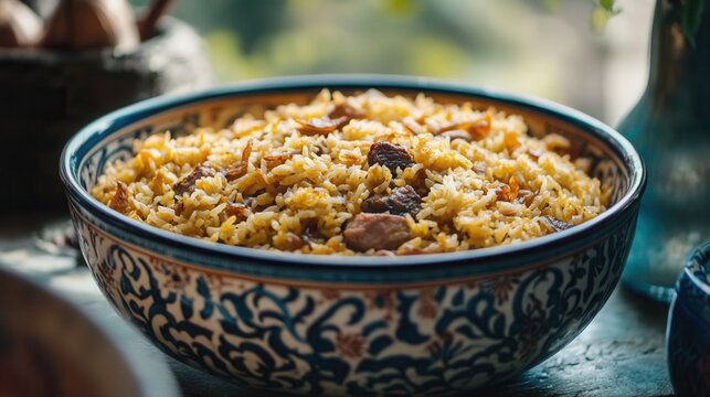 a hearty Uzbek pilaf featuring devzira rice, succulent lamb, and caramelized onions, served in a traditional patterned dish.