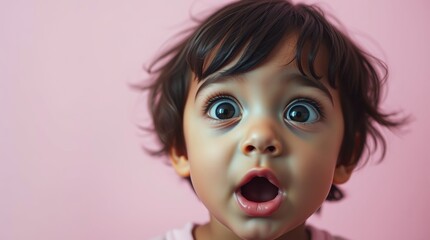 Close-up portrait of a surprised toddler with big, expressive eyes against a soft pink background.