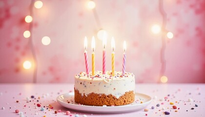 Scrumptious Vanilla Cake with Sprinkles and Five Burning Candles Against a Pink Background